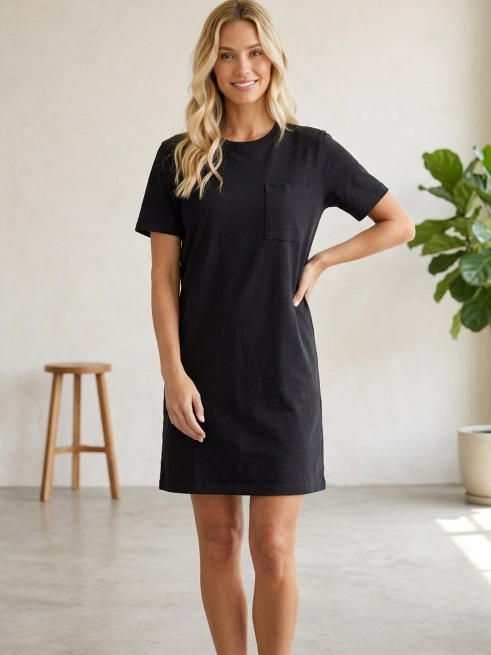 🖤 Quince Black Relaxed T-Shirt Dress Pocket Short Sleeve Crew Neck Size Small